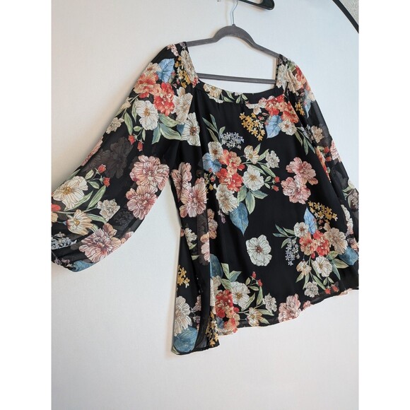 Papermoon Women's 1x Blouse Long Puff Elastic Sleeve Larie Black Floral Fix - Picture 2 of 10